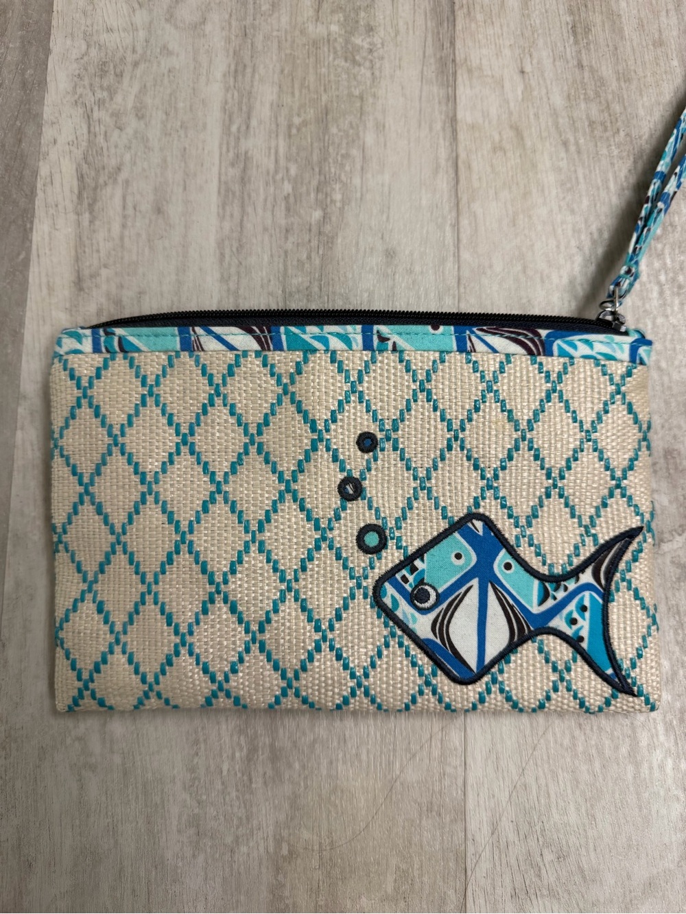 Vera Bradley Blue Fish Pattern Woven Wristlet Clutch